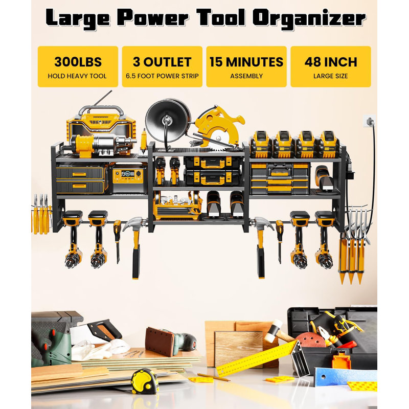 [Organisateur d'outils robustes 3en1] Organisateur d'outils électriques avec station de charge, support de rangement pour outils électriques de 47,9 pouces, 6 supports de perceuse, support mural robuste pour outils de garage avec tournevis / multiprise 6,5 pi. Plateau à outils. [Noir]