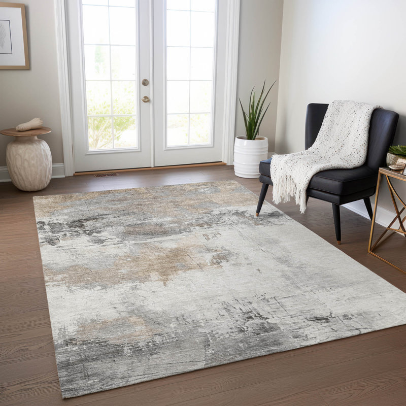 Ivory Abstract Synthetic 5' x 7' Washable Area Rug