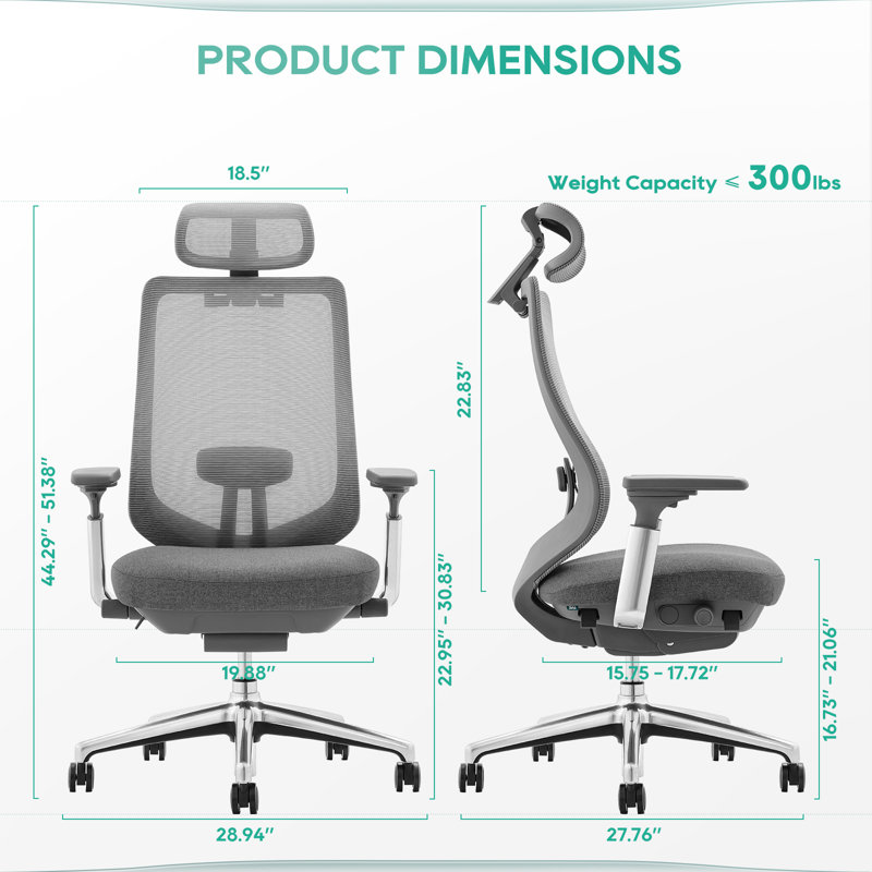 Inbox Zero High-Back Ergonomic Office Chair - Breathable Mesh Task Chair with 4D Adjustable Armrests, Rotating Headrest & Lumbar Support, Home Office Chair for Long Hours