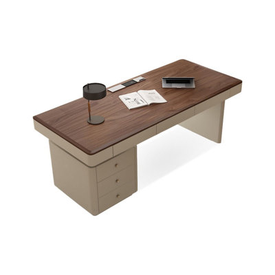 Bureau rectangulaire à 6 tiroirs brun noisette + beige massif + bois manufacturé