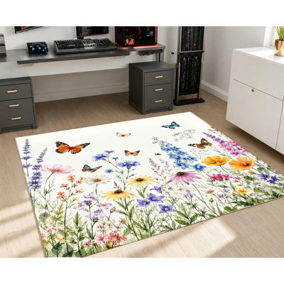 Grand tapis lavable à la machine avec envers antidérapant, tapis à imprimé de fleurs de papillons et aquarelle, décoration intérieure confortable pour le salon, la chambre à coucher, le vestibule, la cuisine, le balcon, l’appartement