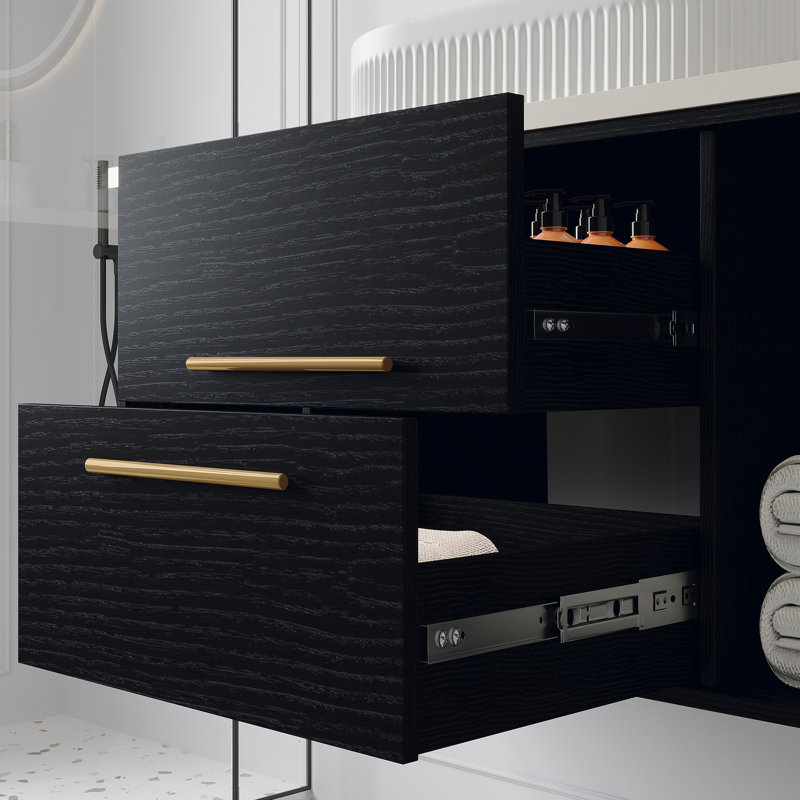 Modern Wall-Mounted Bathroom Vanity With Oval Ceramic Sink Floating Vanity Multi-Layer Solid Wood Cabinet Soft-Close Drawers Open Shelf Storage