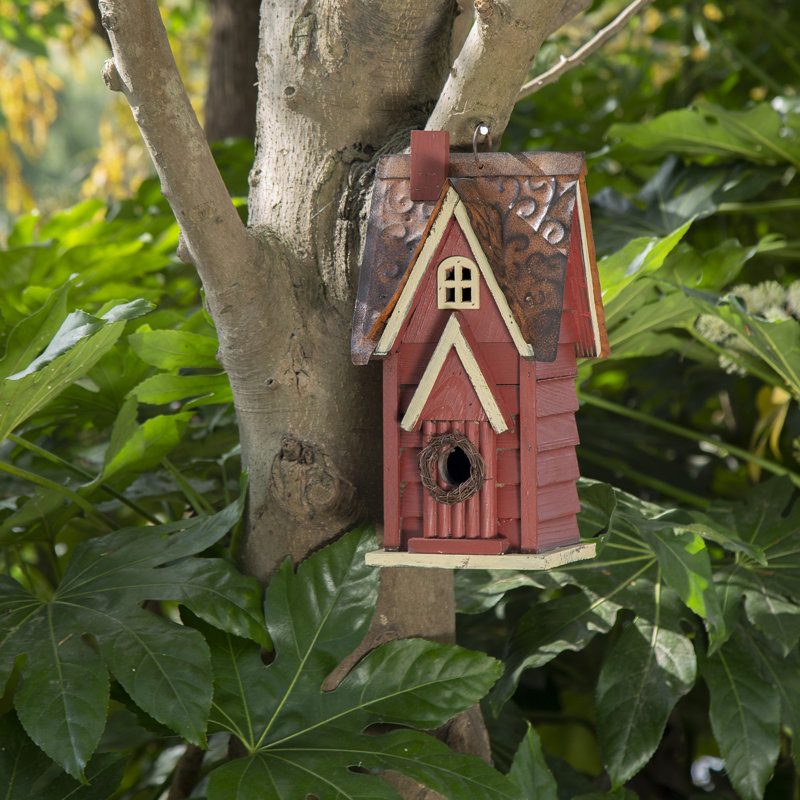 Maison d'oiseaux de jardin en bois massif patiné Strader, Rouge / Brun