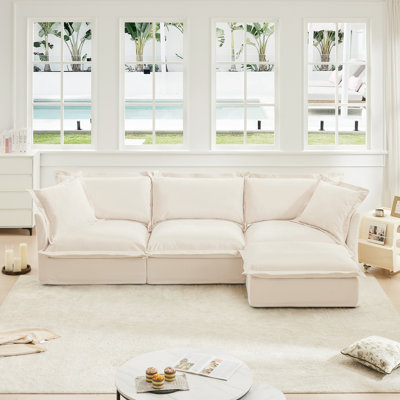 Spacious Seating Cream , Comfy Chenille Deep Seat Sectional Wood Couch, Seat,