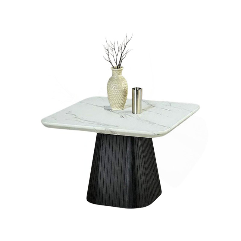 Table basse carrée de style contemporain avec plateau en faux marbre et base en tambour