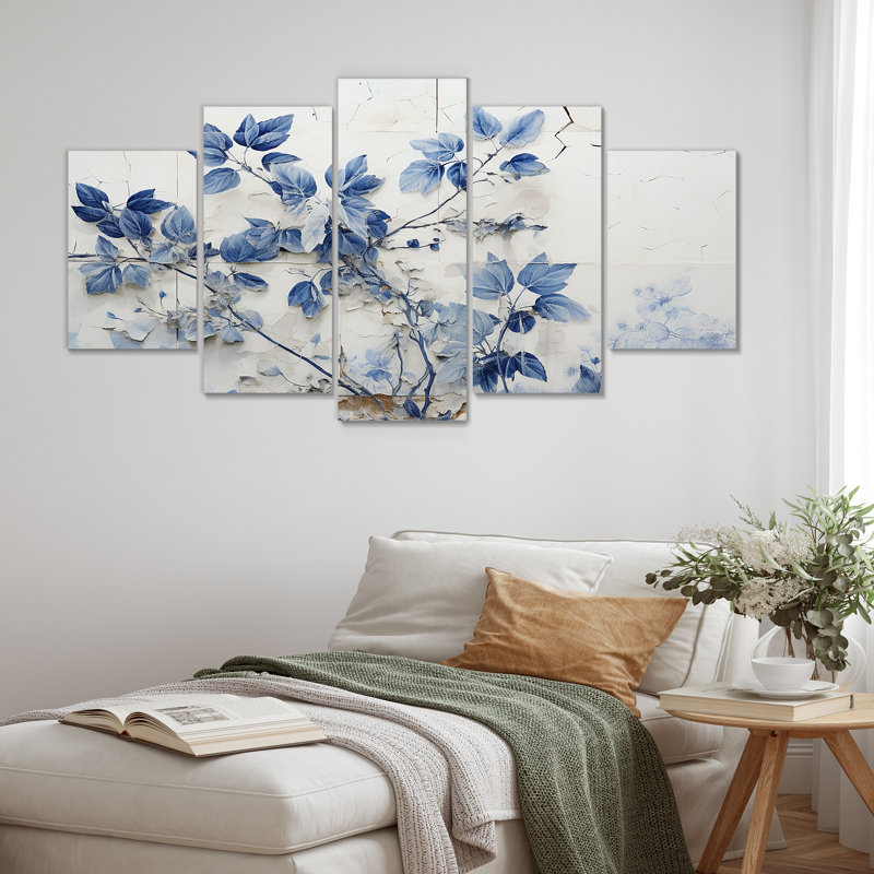 Fleur rétro sur mur blanc - art mural lotus sur toile 5 pièces