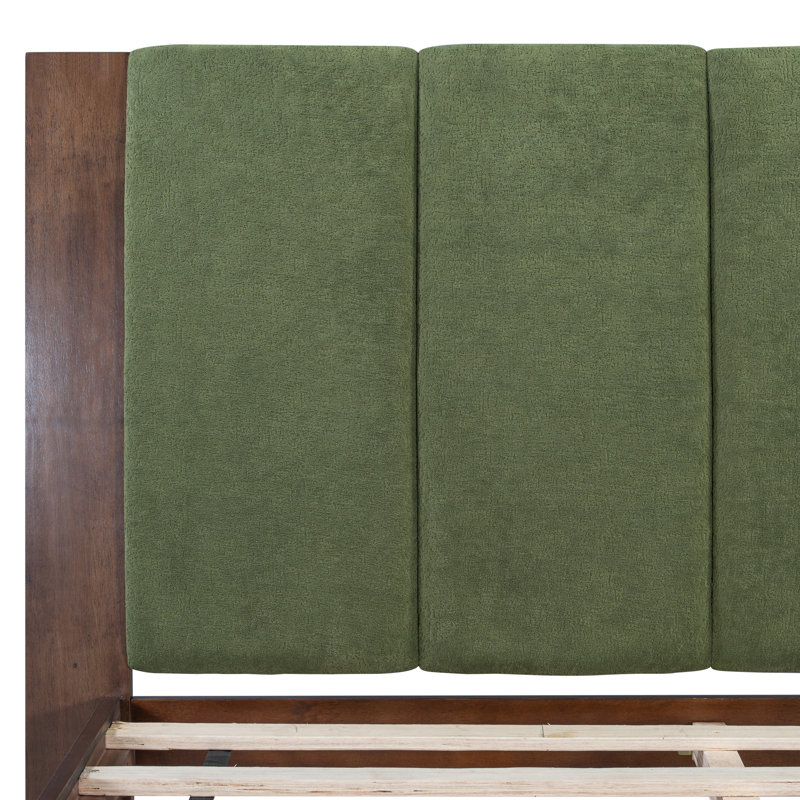 Premium Walnut & Green Pine Wood Queen Bed Frame - Mid-Century Modern with Headboard, Queen, Green/Walnut