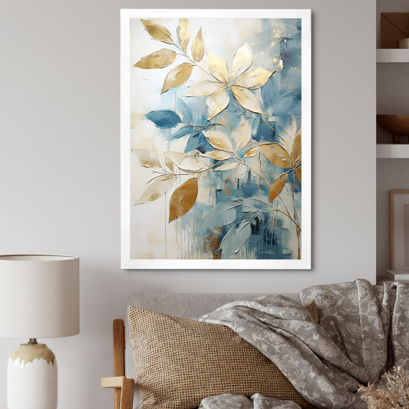 «Gold and Blue Abstract Botanical - Abstract Botanicals», reproduction sur toile, Cadre simple blanc