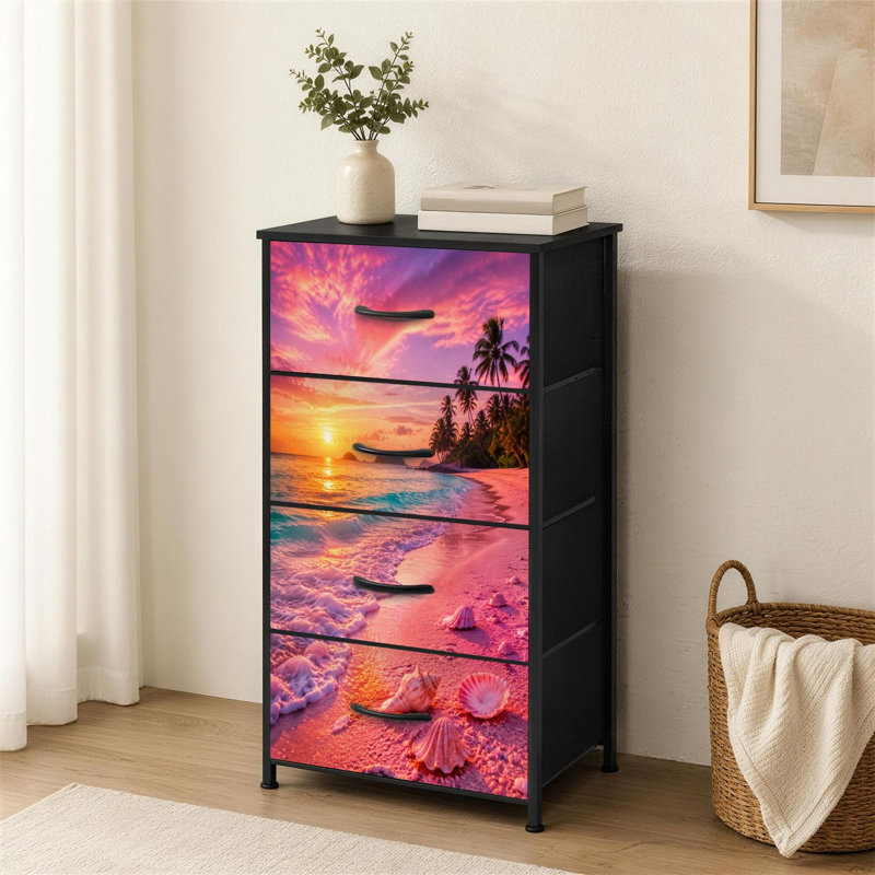 Commode 4 tiroirs pour la chambre à coucher Vibrant Tropical Beach Sunset Seashells Palm Trees