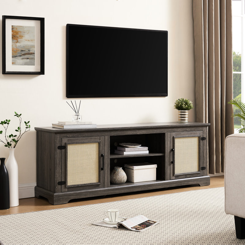 Meuble télé gris avec portes, 2 tablettes, compatible 70 po, l 65 po x P 15,47 po et H 24,48 po, avec rangement gris