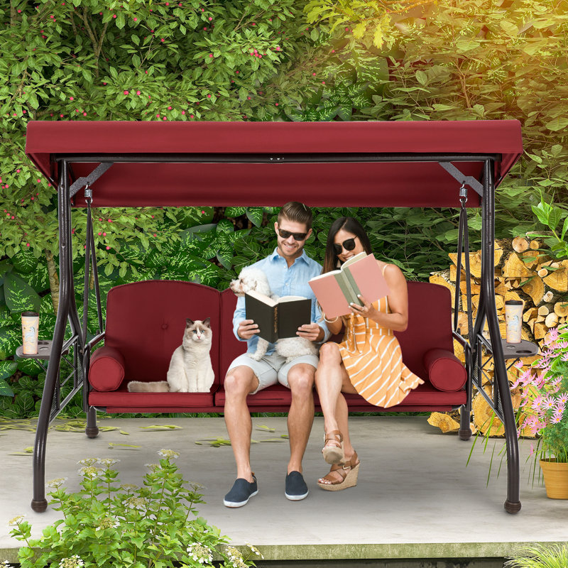 Fassold Outdoor Patio Swing Chair for 3 People, with Removable Cushion and Convertible Canopy, Wine Red