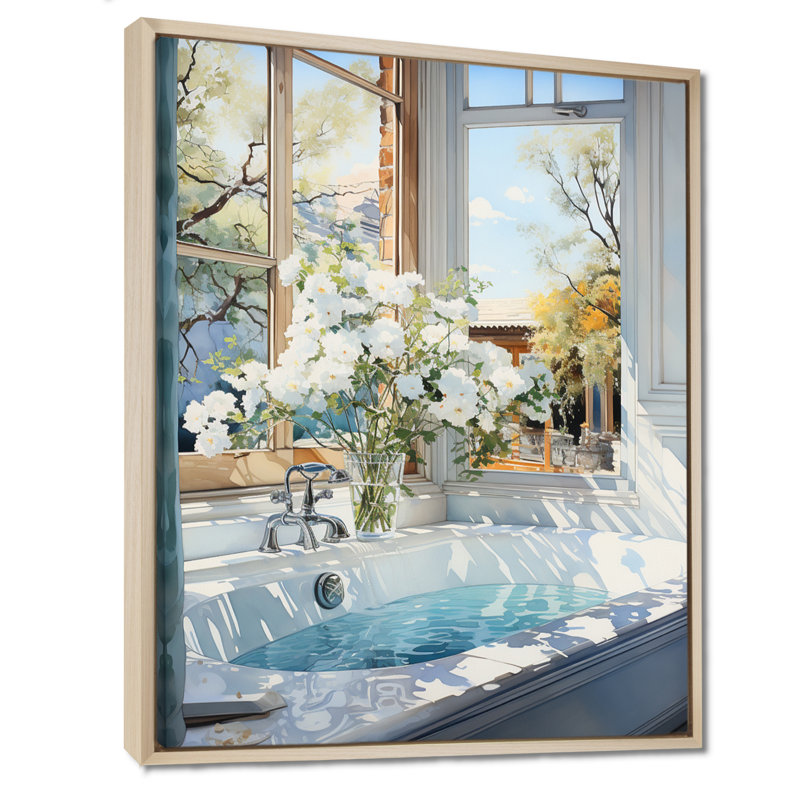 Bathroom Tranquil Reflections VI - Art mural encadré pour salle de bain, H 32 po x l 24 po x P 1 po, Cadre flottant en érable