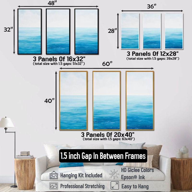 «Blue Ocean In Motion Scenery I», ensemble d'art mural océan, H 40 po x l 60 po x P 1 po, Cadre naturel flottant
