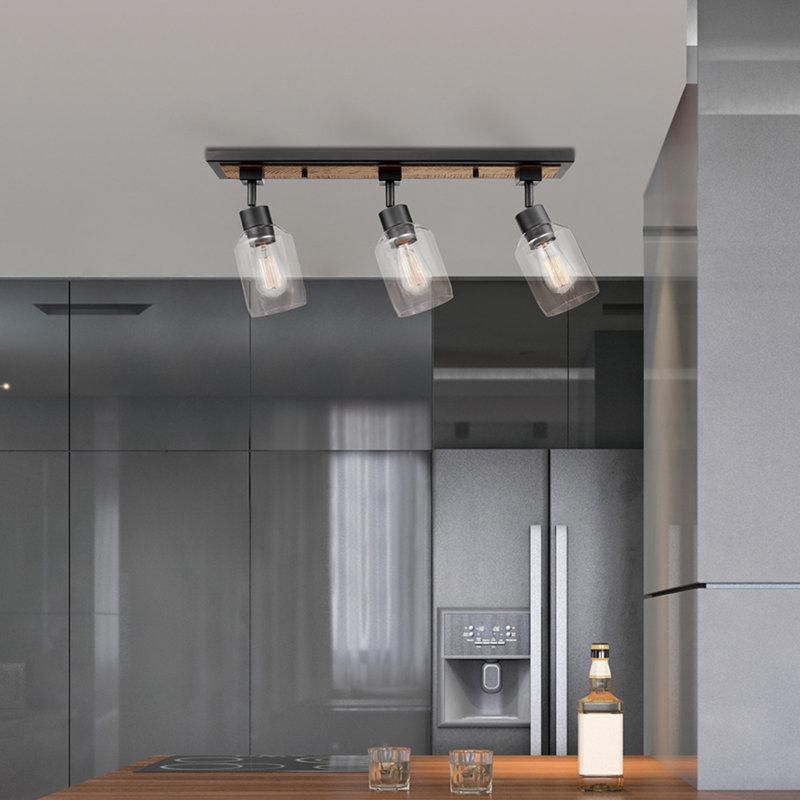 Griffith 25'' Wood and Matte Black 3-Light Track Lighting with Clear Glass Shades