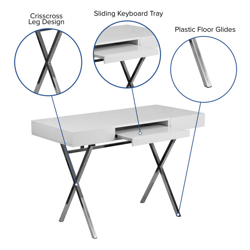 Sleek White 44.25'' Computer Desk with Chrome X-Trestle Base and Keyboard Tray