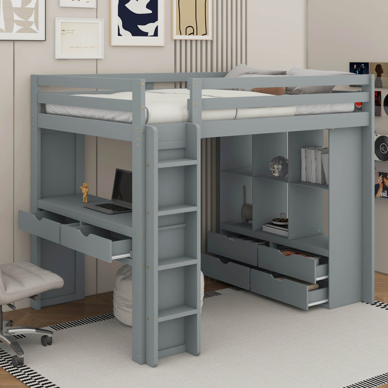 Lit mezzanine avec grandes tablettes, lumière DEL et bureau d'écriture, Gris, Lit double