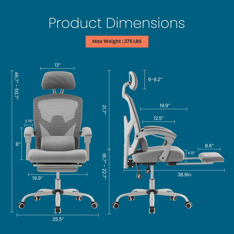 Chaise de bureau en filet avec roulettes, chaise de bureau d'ordinateur pivotante avec appui-tête, accoudoirs, support lombaire et repose-pieds, réglable en hauteur