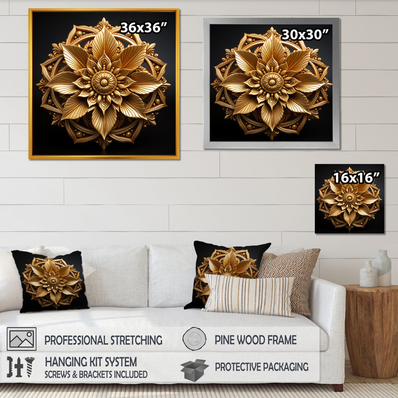 Mandala doré cercles dorés II - Boho Mandala, Cadre doré simple, H 30 po x l 30 po x P 1,5 po