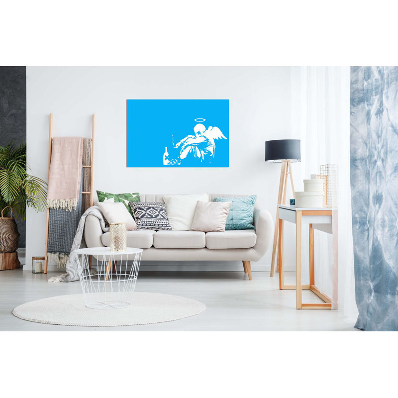 Banksy Fallen Angel Graffiti - Wrapped Canvas Print, 20cm H x 31cm W, Blue