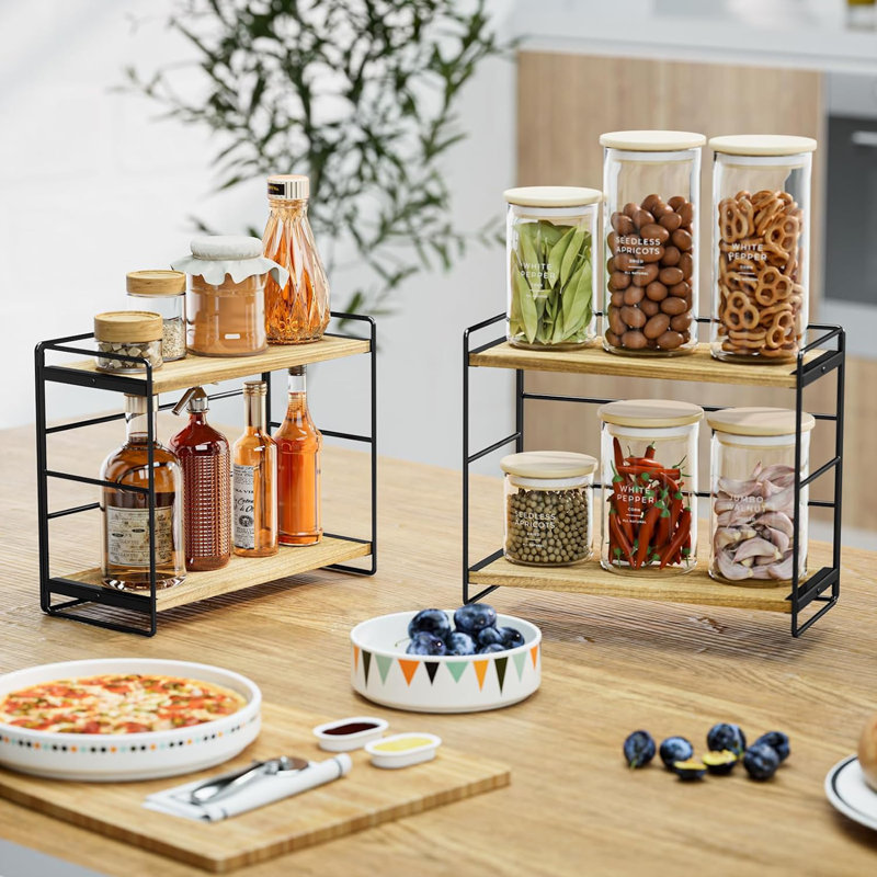 Bathroom Countertop Organizer Set Of 2, Kitchen Counter Shelf Spice Rack Sink Countertop Storage Desktop Large Wood Shelf