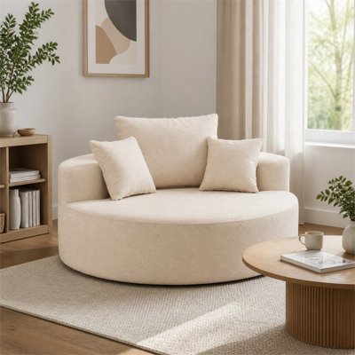 Très grand fauteuil pivotant rond en peluche beige de 55,1 pouces, rotation silencieuse à 360 °, mousse haute densité, fauteuil de loisir / décoratif pour salon / chambre à coucher