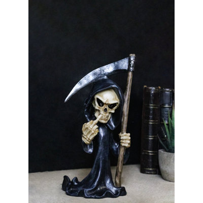 Figurine de squelette de la Faucheuse amusante avec faux et doigt d'honneur, mort gothique