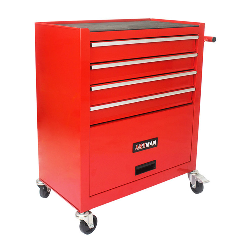 Chariot à outils à 4 tiroirs à roulettes avec roulettes - Armoire de rangement robuste en acier avec freins verrouillables pour atelier de garage - Rouge