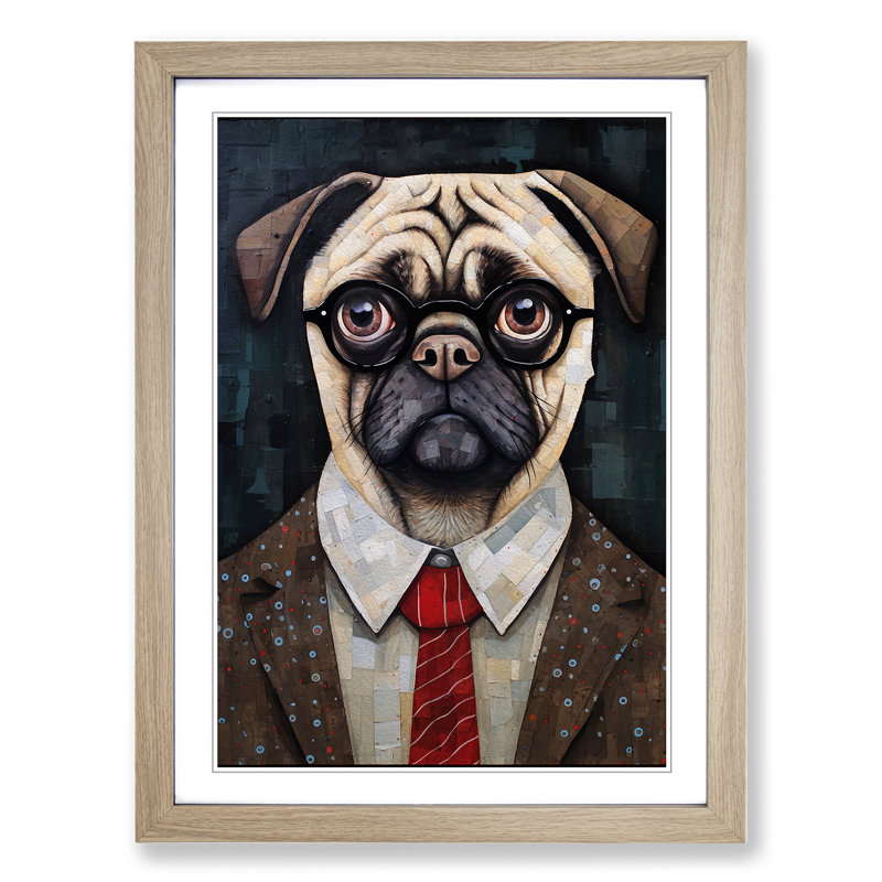 Pug Dadaism - Single Picture Frame Print on Wood, 64cm H x 46cm W x 2cm D, Oak