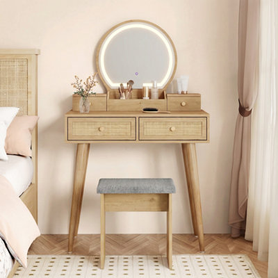 Iesa Boho Natural Rattan Vanity with LED Mirror and Stool