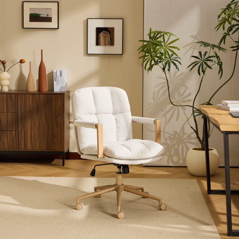 Linen Blend Swivel Office Chair Adjustable Height With Wood Armrests For Home Office And Living Room, Beige