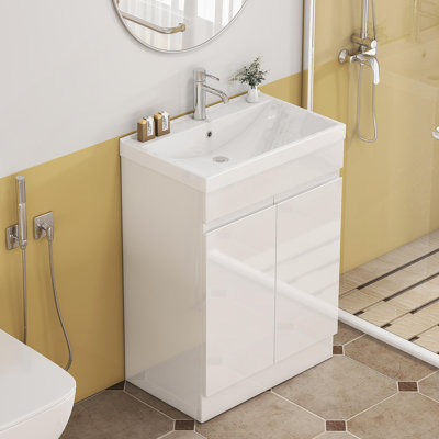 Meuble-lavabo de 24 po avec lavabo, conception sans poignée, lavabo en céramique à bords épais, charnières à fermeture en douceur, assemblage facile, finition blanc brillant