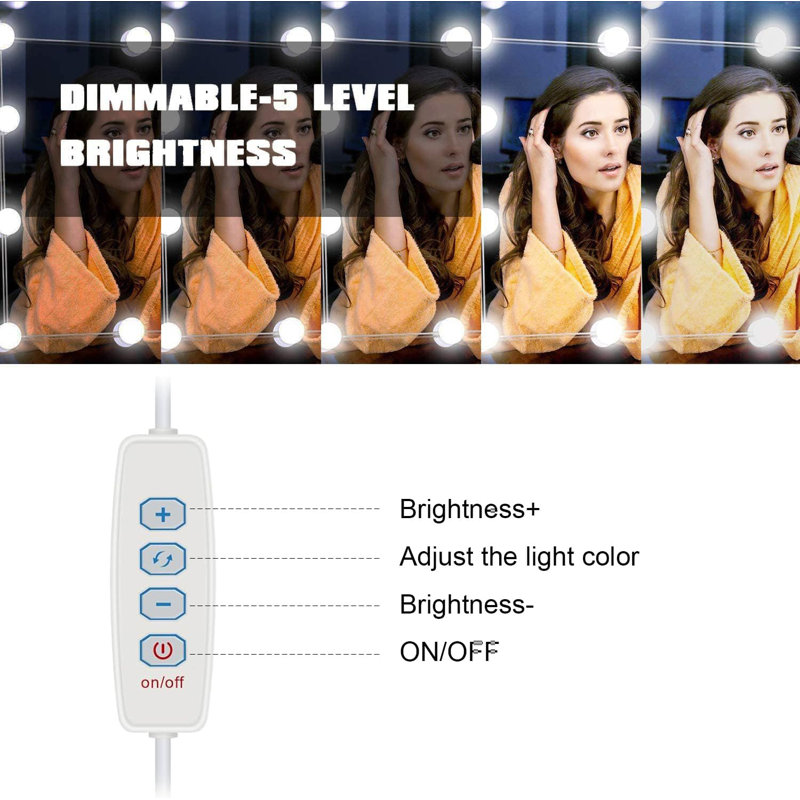 LED Vanity Mirror Lights Hollywood Style With 14 Dimmable Bulbs Adjustable Colour & Brightness USB Cable Stick-On For Makeup Table Dressing Room