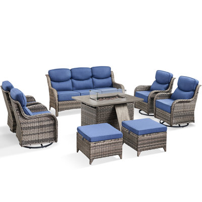 High Back Outdoor Furniture With 6-Inch Extra Thick Cushions, Patio Furniture Set With Fire Pit Table & Swivel Chairs, 8PCS Wicker Conversation Set For Yard, Deck, Poolside
