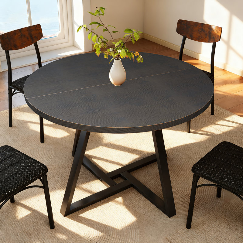  Round Dining Table: Pedestal Metal Frame, Space-Saving Industrial Style, 76cm H x 130cm W x  130cm D, Black