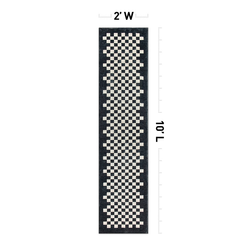 Contemporary Checkered Border Washable Non Slip Area Rug, Runner 2' x 10'