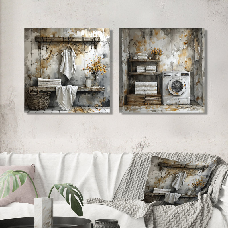 Vintage Landry Day at the Barn I - Laundry Wall Decor - Art mural moderne 2 pièces, Toile tendue, Ne s’applique pas