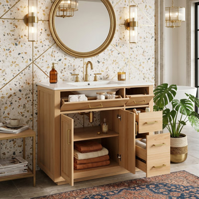 Meuble-lavabo moderne en bois massif 36 po avec lavabo en céramique, 4 tiroirs et portes à fermeture en douceur, dos ouvert (bois naturel)