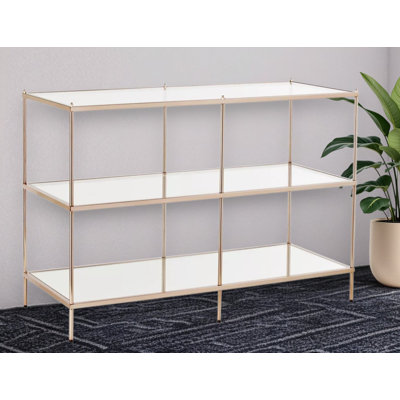 42" Clear and Gold Glass Mirrored Frame Console Table With Shelves