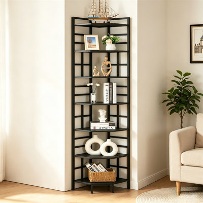 Tablette d'angle, bibliothèque étroite à 7 niveaux, bibliothèque de coin industrielle avec rangement, pour bureau à domicile, salon et chambre à coucher