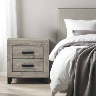 Modern Light Gray 2-Drawer Nightstand with Black Handles and Tapered Legs, for small bedroom, space saver, simple design