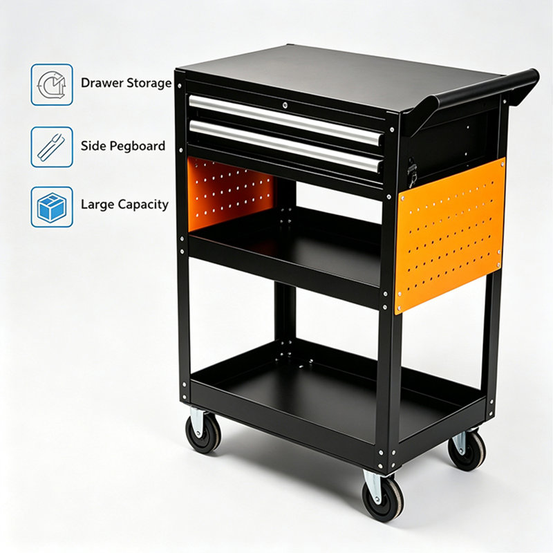 Chariot à outils roulant robuste avec 2 tiroirs, armoire de rangement utilitaire en acier à 5 niveaux, coffre à outils mobile avec roues verrouillables pour garage ou atelier, noir et orange