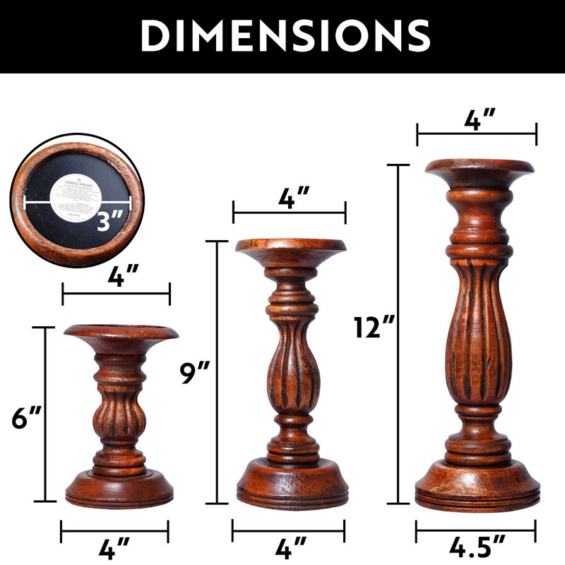 Hana Mango Wood Candleholders Medium Polish, Set of 3