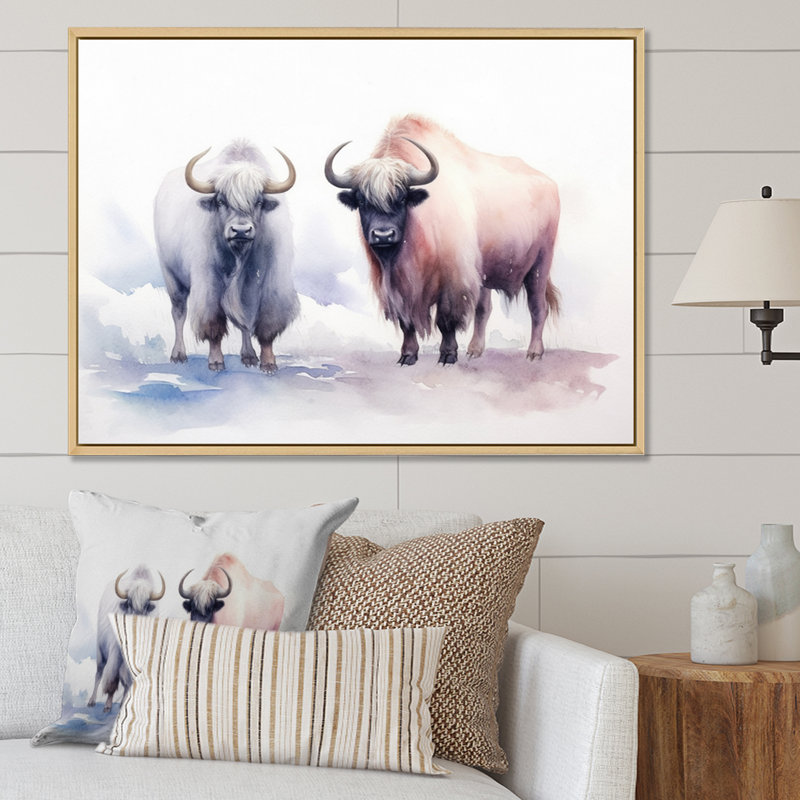 Yak domestique I - animaux, art mural sur toile, Cadre naturel flottant, H 16 po x l 32 po x P 1 po