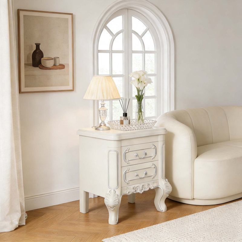 Table de chevet sculptée avec 2 tiroirs de rangement