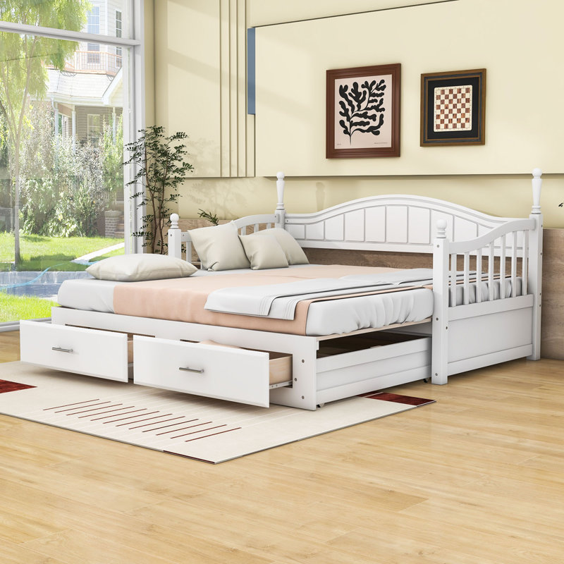 Twin Daybed with Trundle and 2 Drawer Storage MDF Daybed, White