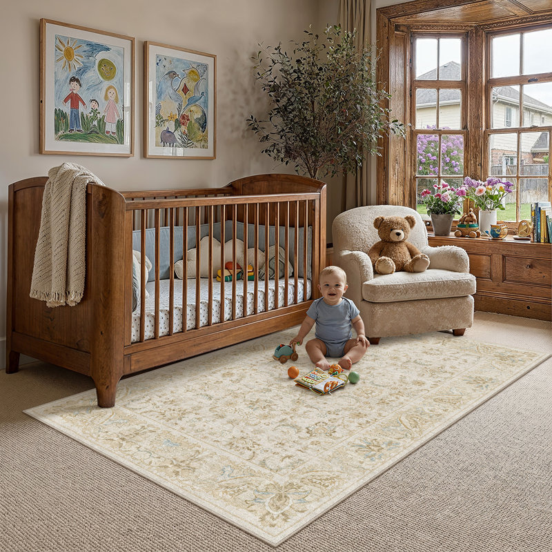 Tapis oriental lavable en machine Nestiva, Beige, Rectangle 3 pi x 5 pi
