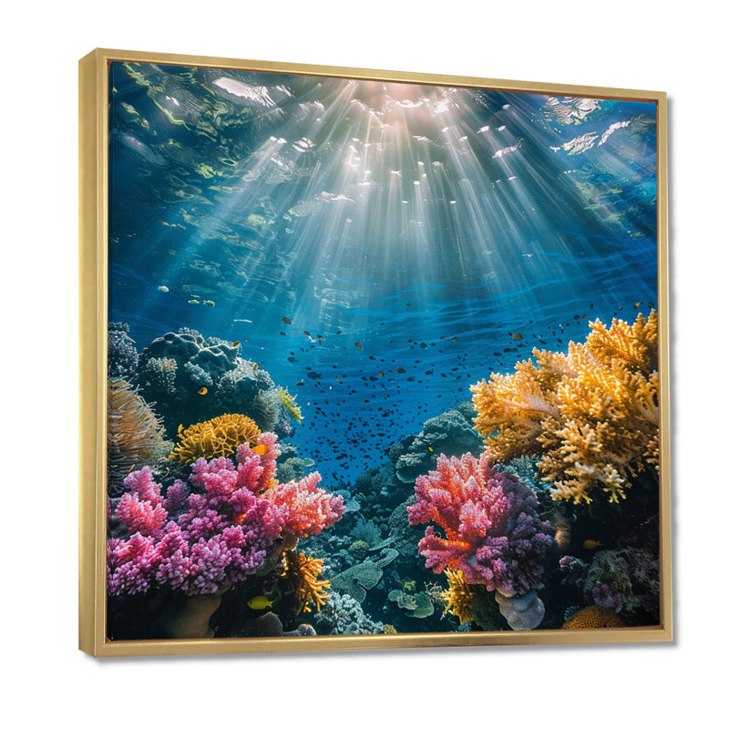 «God Rays in Deep Ocean» - art mural corail sous l'eau, H 16 po x l 16 po, Cadre flottant doré