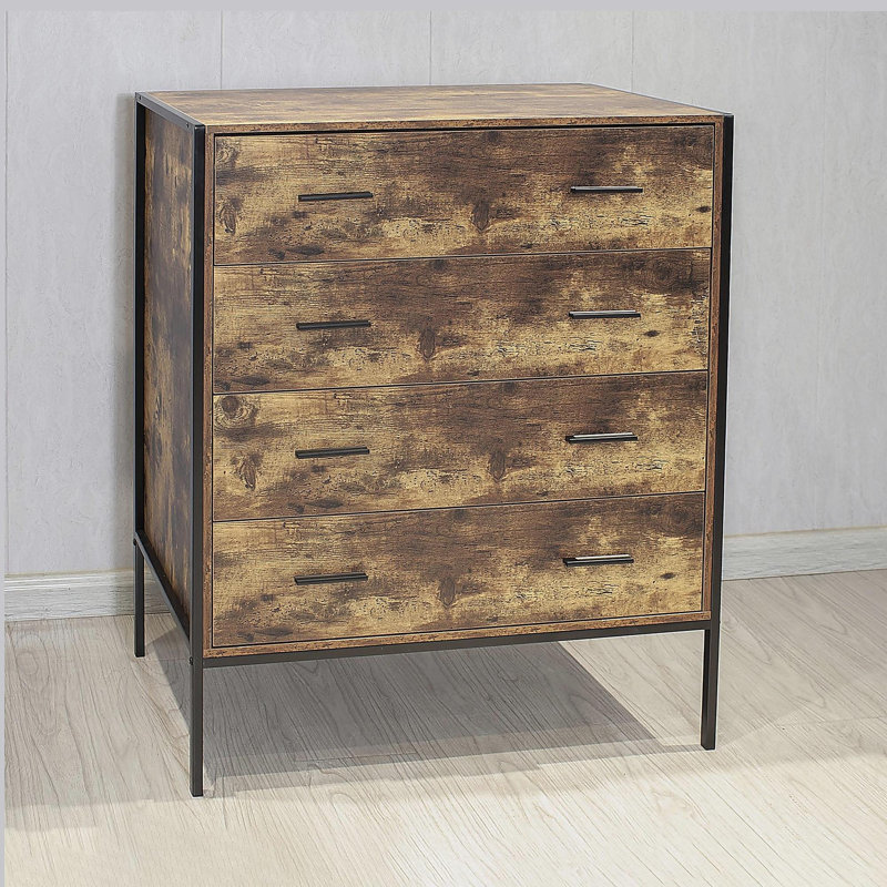 Commode à 4 tiroirs de style industriel, organisateur de vêtements de rangement en bois brun rustique avec structure en acier robuste, commode à 4 tiroirs, armoire de rangement pour chambre à coucher, salon