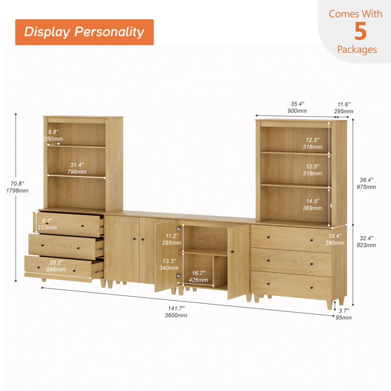 Entertainment Center And Bookshelves Set With Drawers And Cabinets For 75" Tvs, Oak