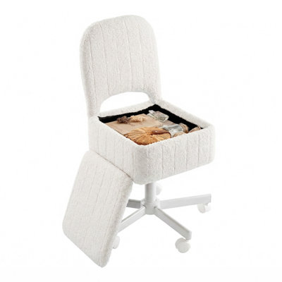 Tabouret de coiffeuse en fausse fourrure avec rangement, fauteuil pivotant réglable en hauteur avec dossier rabattable et roulettes silencieuses, repose-pieds de maquillage pour la chambre à coucher et le bureau, petit blanc